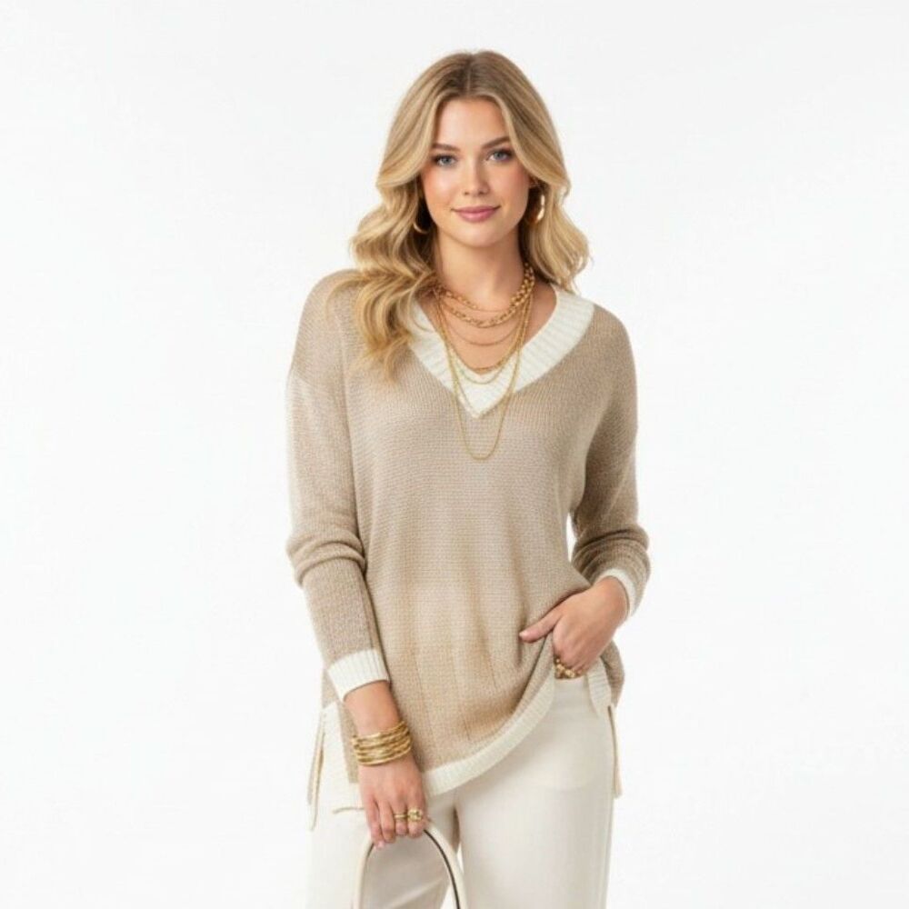 Neiman Marcus Outlander Tan & Ivory Knit Vintage Long Sleeve Tunic Sweater M